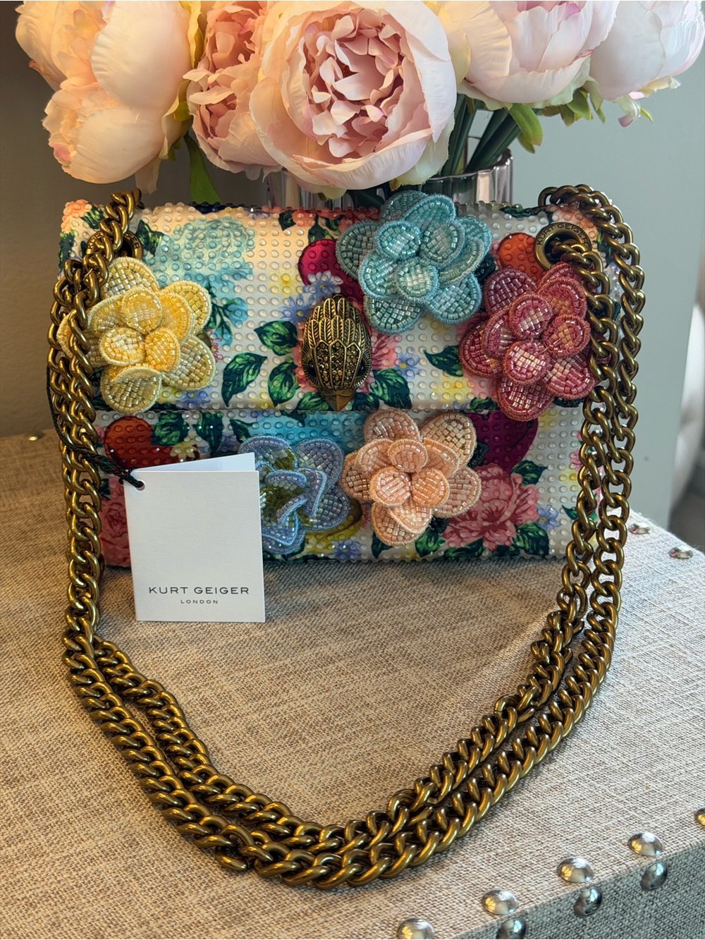 Kurt Geiger Multicolor Beaded Floral Shoulder Bag with Gold Chain - Picture 2 of 11